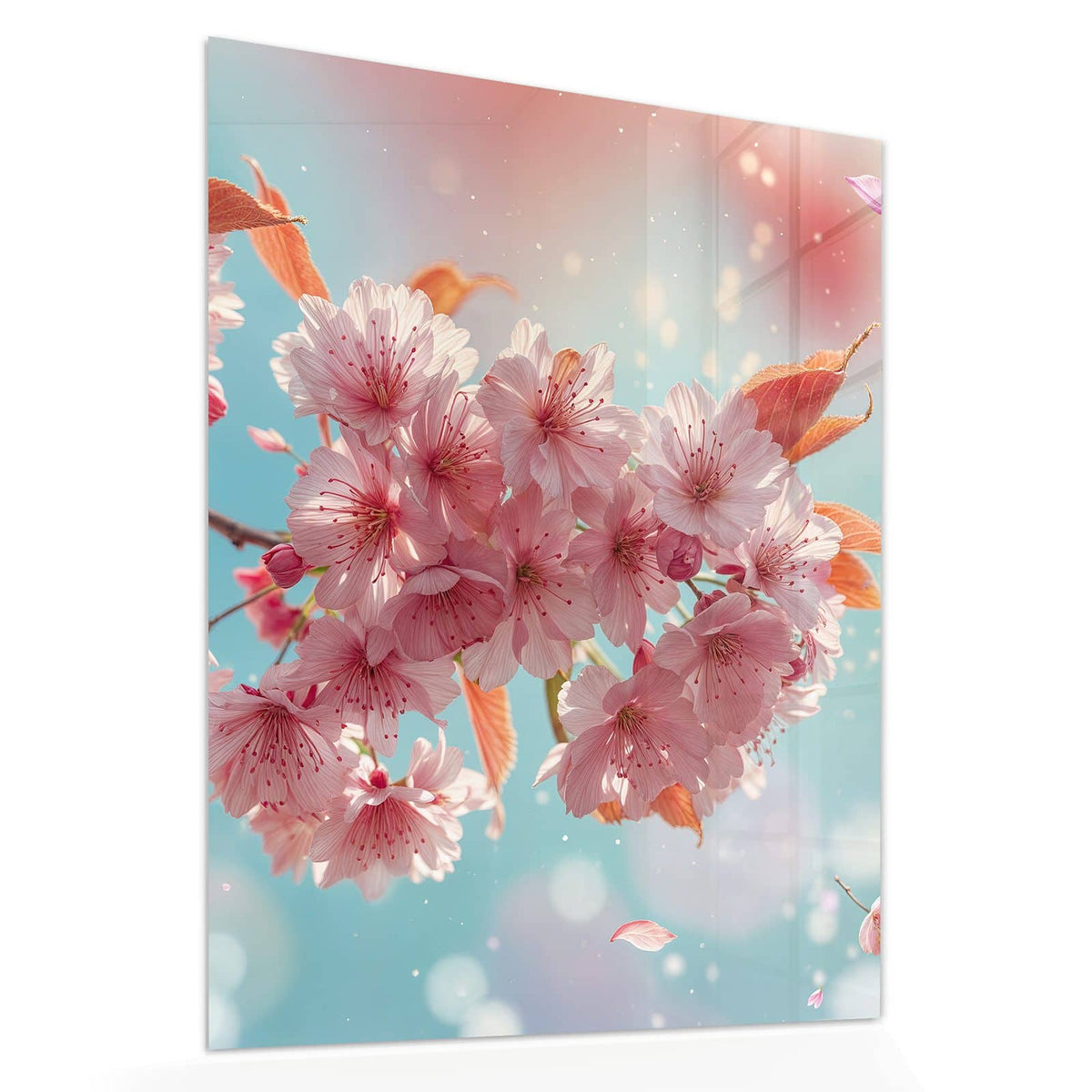 Echtglas, 4 mm – kein Acryl, keine Folie – Wandbild - Kirschblüten in Blau - Hochformat