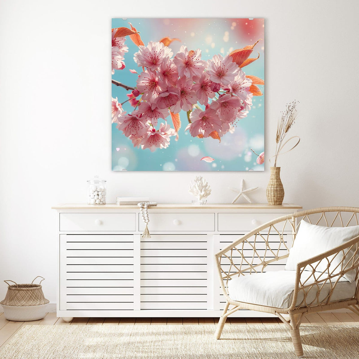 Glasbild Kirschblüten in Blau an der Wand – rosa Kirschblüten vor hellblau-türkisem Bokeh mit orangen Blättern