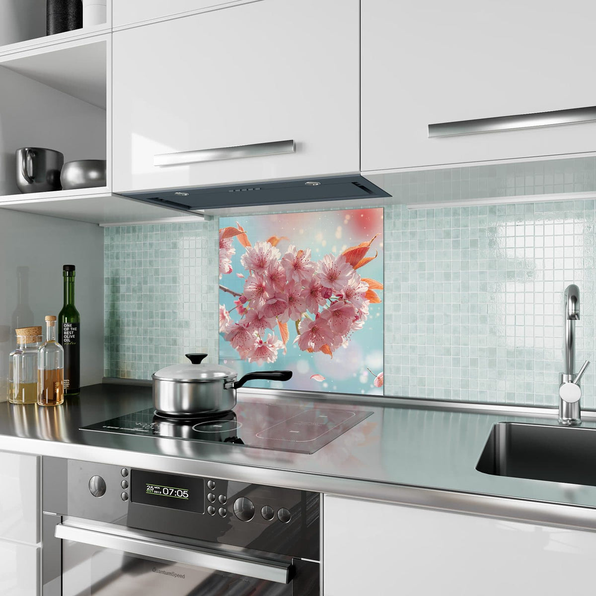 Küchenrückwand aus Glas Kirschblüten in Blau im quadratischen Format als Spritzschutz hinter dem Kochfeld, über dem Fliesenspiegel montiert