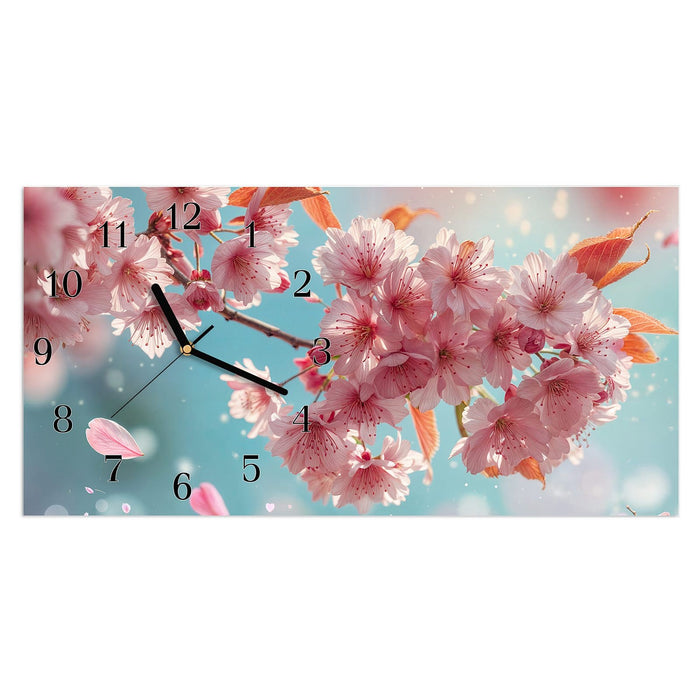 Wanduhr Kirschblüte Himmel aus Glas – Querformat 60 × 30 cm mit Ziffernblatt Klassisch
