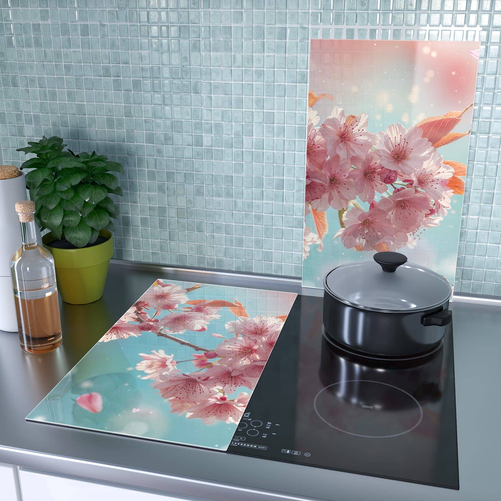 2-teilige Herdabdeckplatte für Ceranfeld mit Kirschblüte Himmel-Motiv als Spritzschutz hinter dem Kochfeld