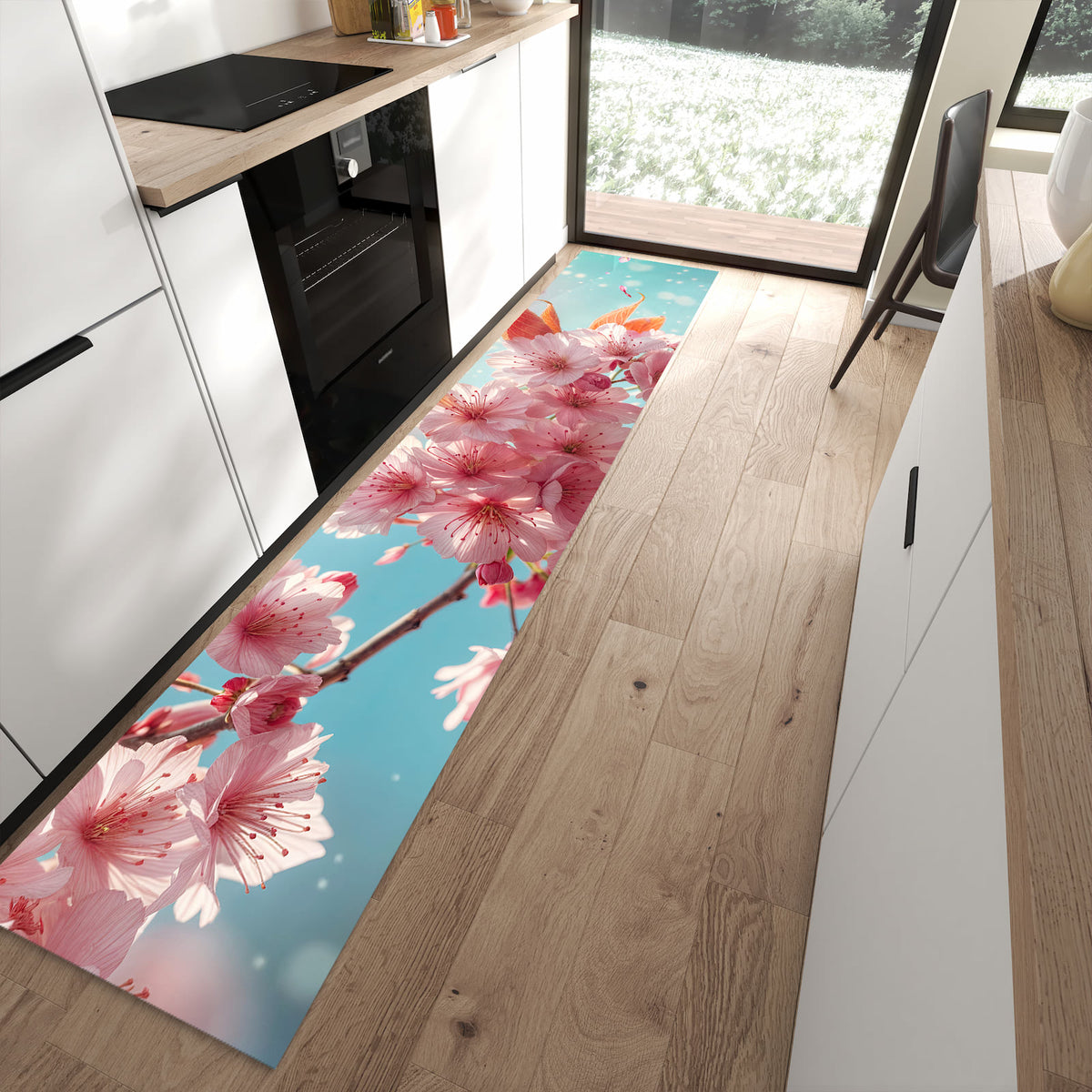 13 Größen – von 60 × 90 bis 80 × 300 cm – Küchenläufer - Kirschblüten in Blau