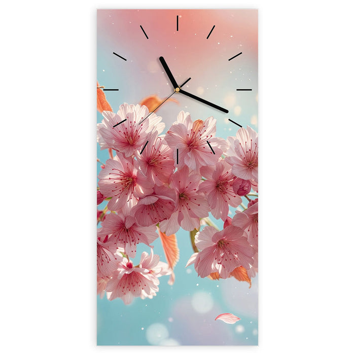 Wanduhr Kirschblüte Himmel aus Glas – Hochformat 30 × 60 cm mit Ziffernblatt Linie