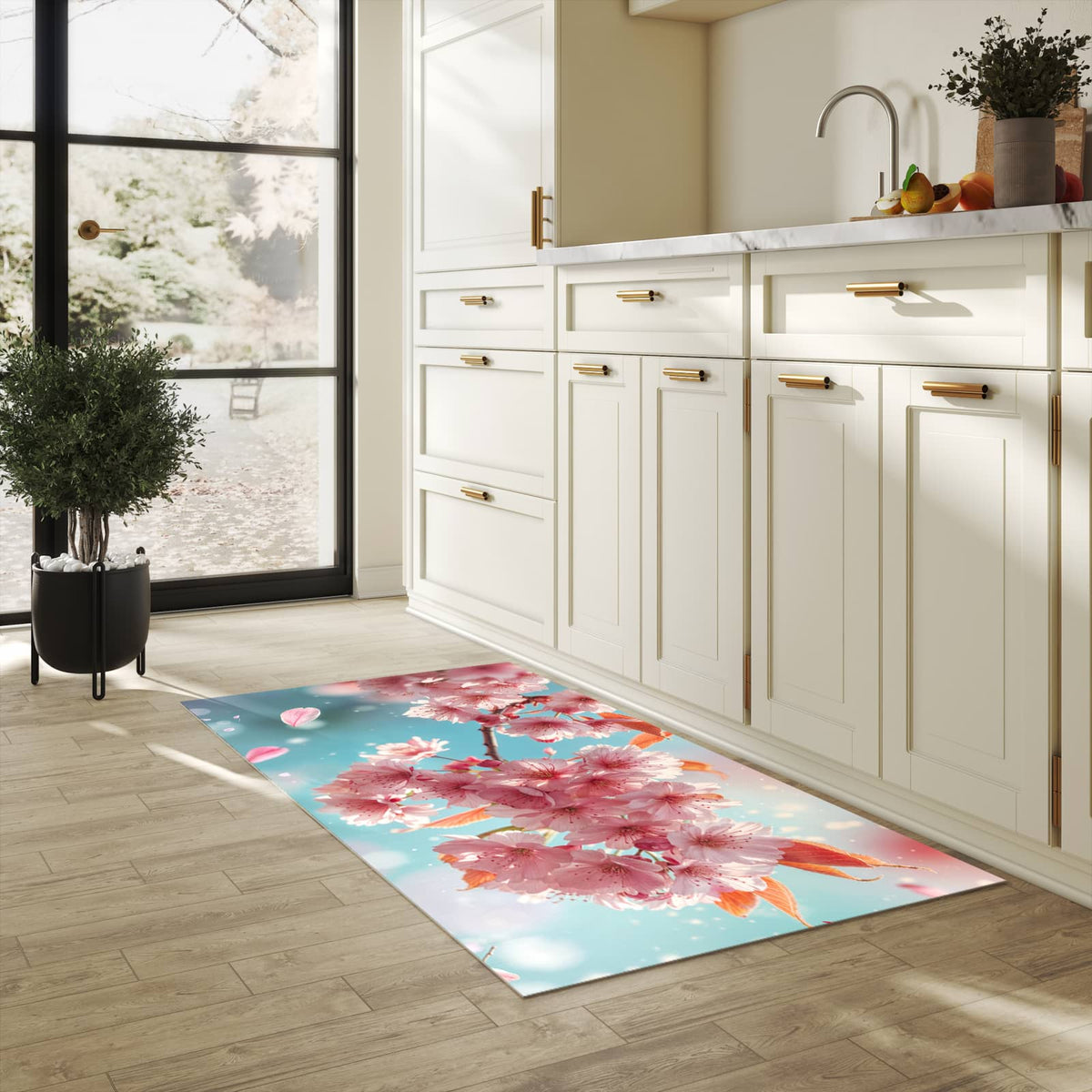 Küchenteppich mit Motiv Kirschblüte Himmel für Ordnung in heller Küche