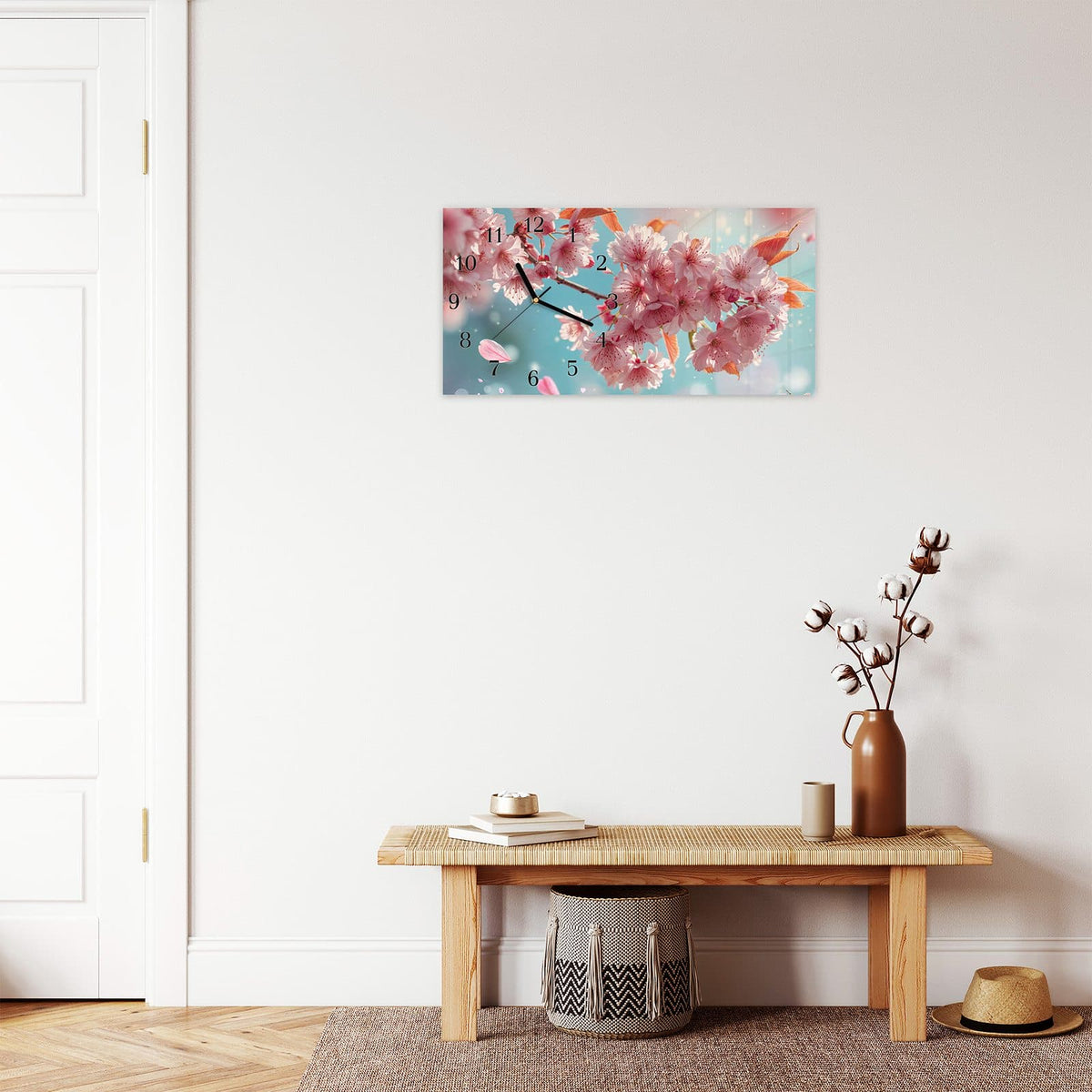 Moderne Wanduhr aus Glas mit Farbtiefe – Wanduhr Kirschblüte Himmel aus Glas – Querformat 60 × 30 cm