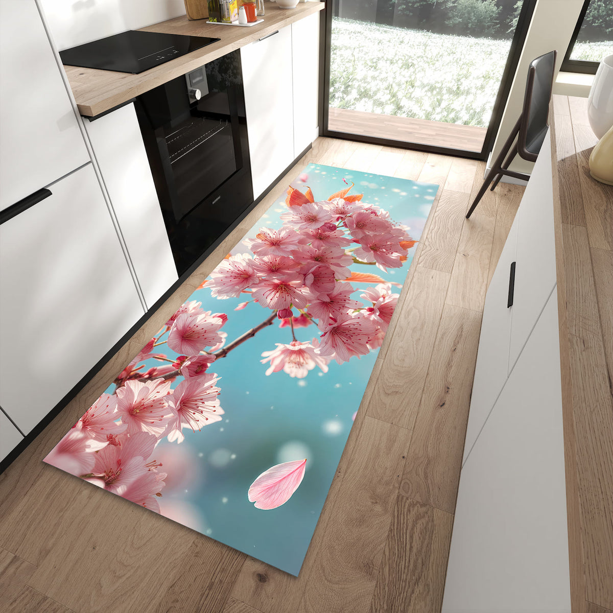 Rutschfester dünner Teppich mit Motiv Kirschblüte Himmel spart Zeit in moderner Küche