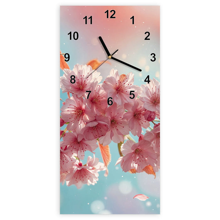 Wanduhr Kirschblüte Himmel aus Glas – Hochformat 30 × 60 cm mit Ziffernblatt Modern