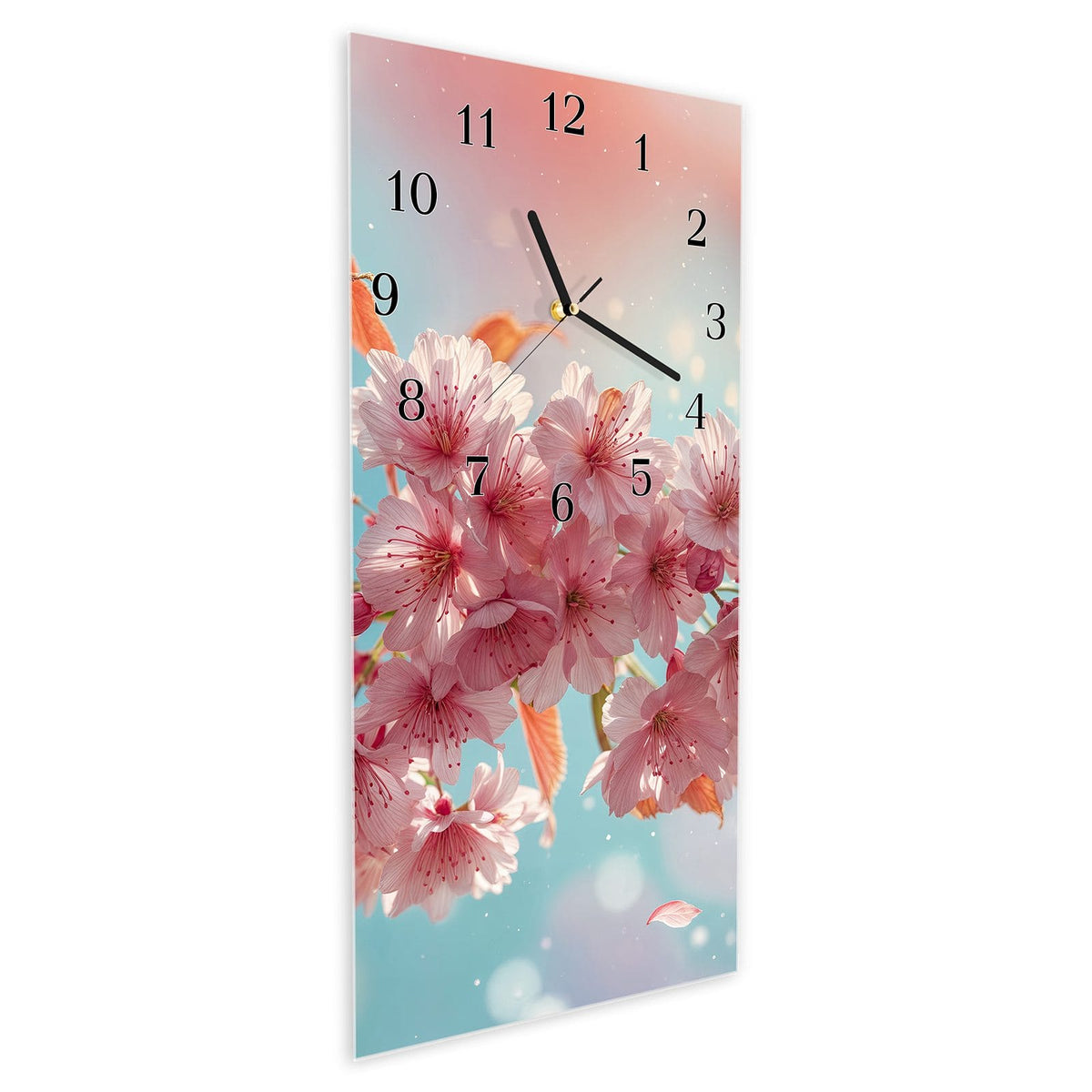 Vormontiert – mit Schwebeeffekt – Wanduhr Kirschblüte Himmel aus Glas – Hochformat 30 × 60 cm