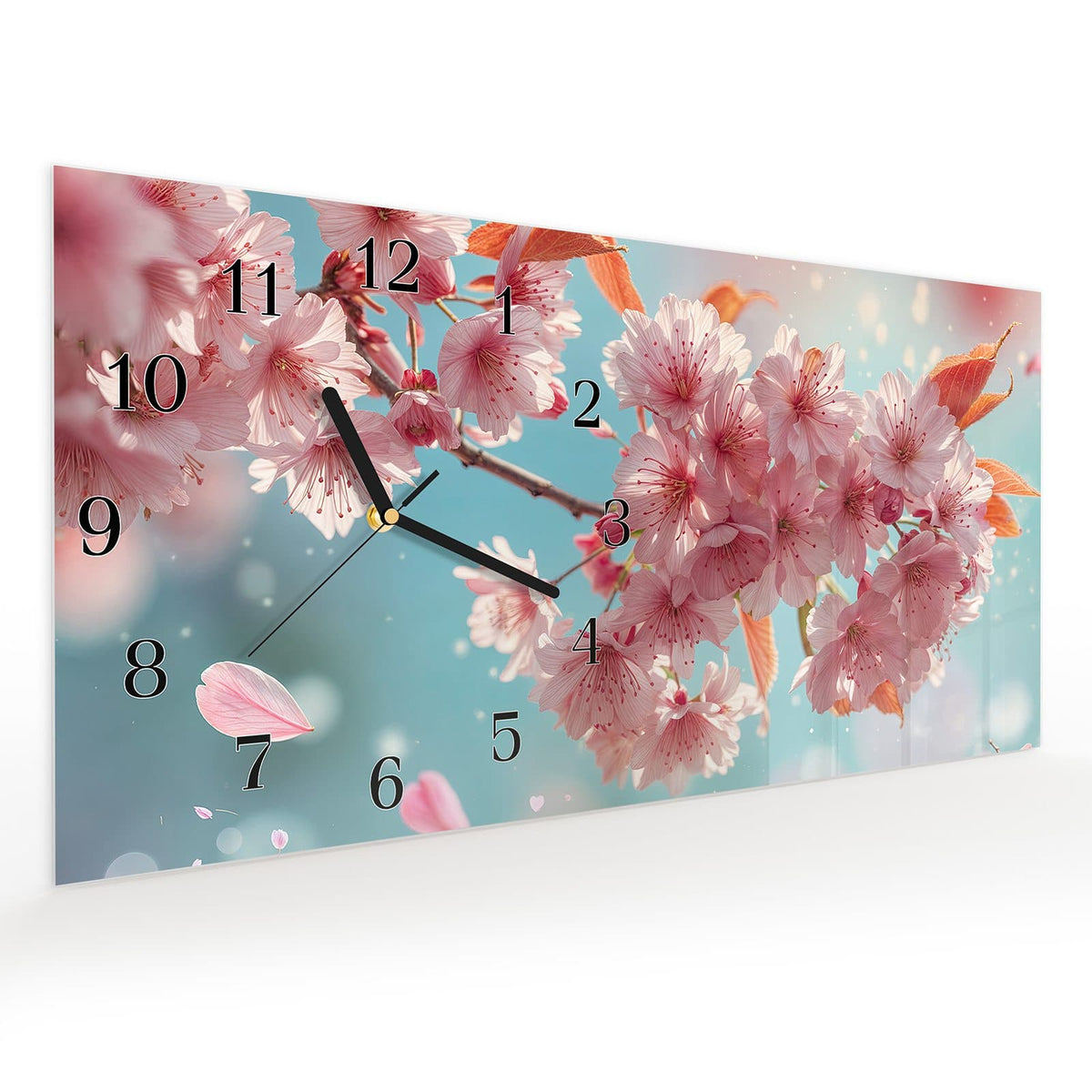 Vormontiert – mit Schwebeeffekt – Wanduhr Kirschblüte Himmel aus Glas – Querformat 60 × 30 cm