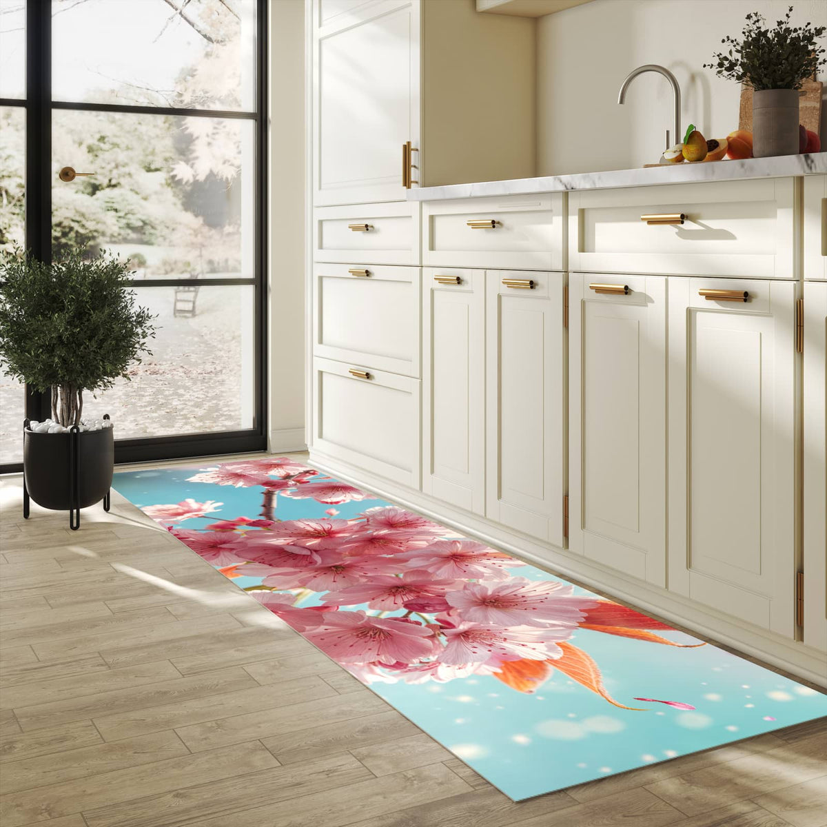 Bodenschonender Küchenteppich mit Motiv Kirschblüte Himmel in heller Küche