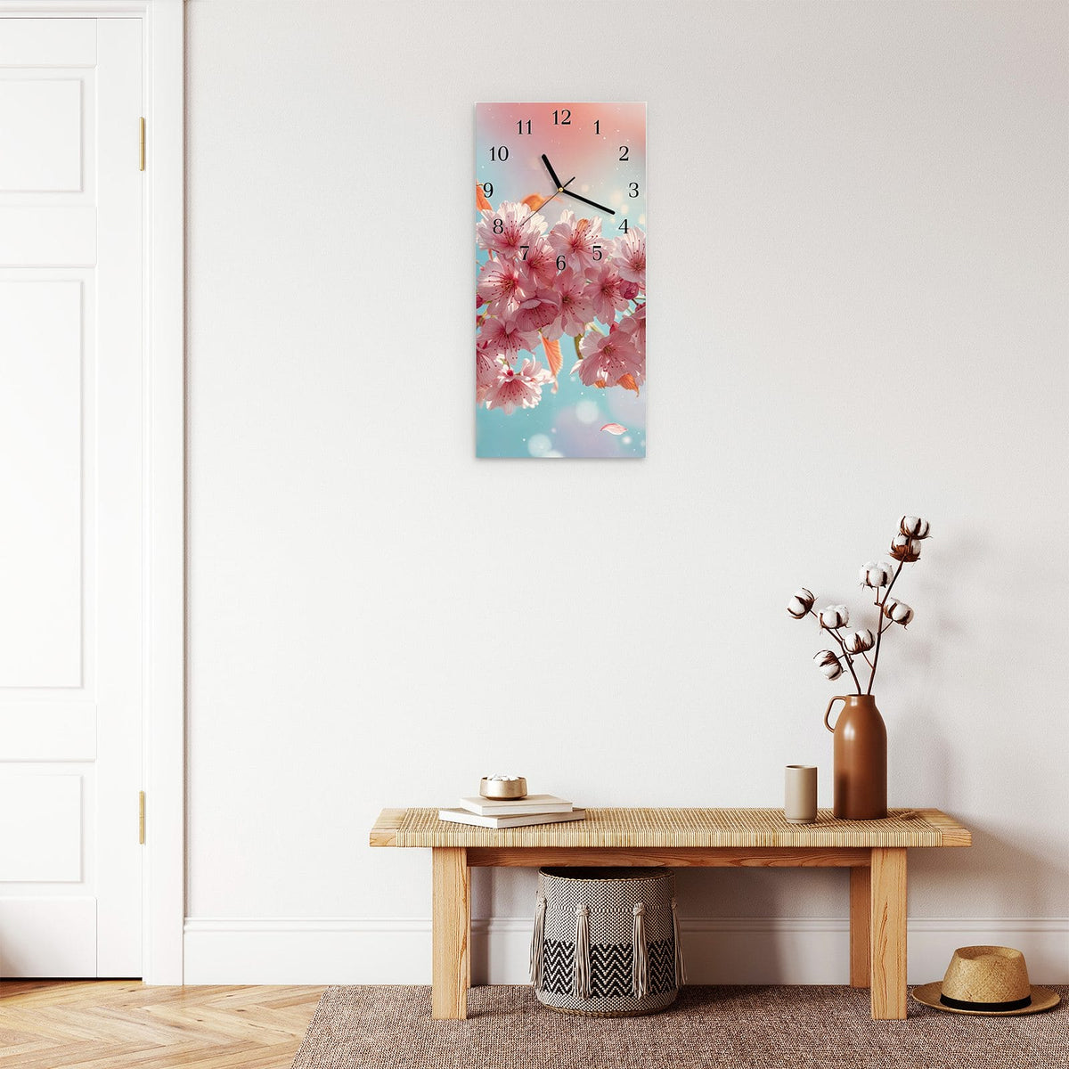 Moderne Wanduhr aus Glas mit Farbtiefe – Wanduhr Kirschblüte Himmel aus Glas – Hochformat 30 × 60 cm