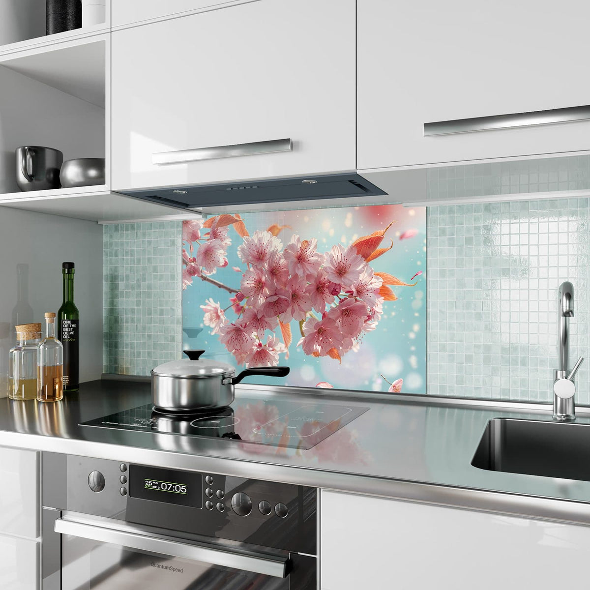 Küchenrückwand aus Glas Kirschblüten in Blau im Hochformat als Spritzschutz hinter dem Kochfeld, über dem Fliesenspiegel montiert