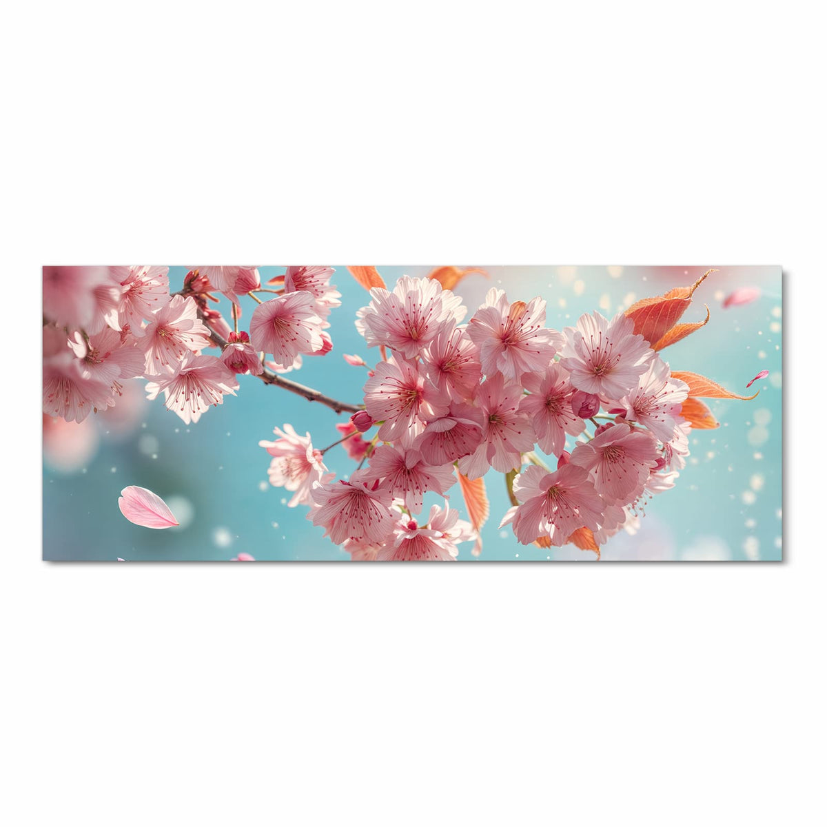 rosa Kirschblüten vor hellblau-türkisem Bokeh mit orangen Blättern
