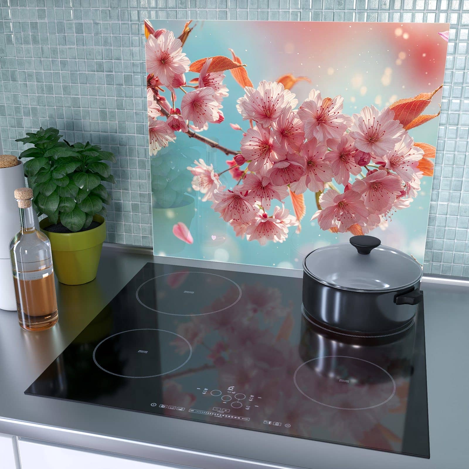 1-teilige Herdabdeckplatte mit Kirschblüte Himmel-Motiv als Spritzschutz hinter dem Kochfeld