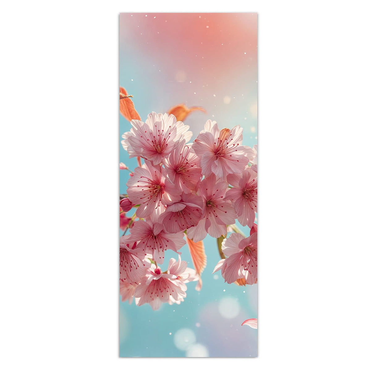 Wandbild - Kirschblüten in Blau - Hochformat – Kirschblütenzweig vor pastellblauem Bokeh
