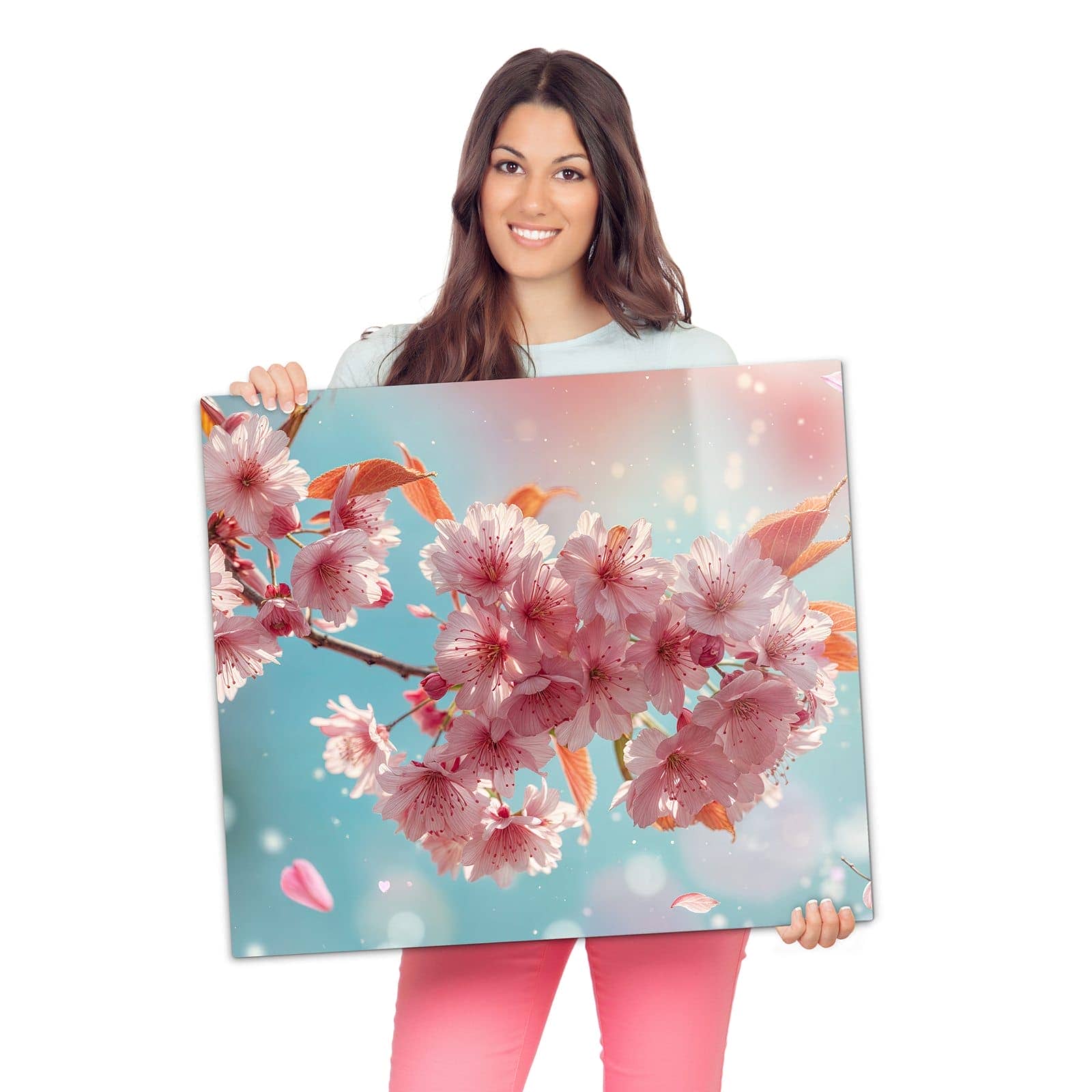 Herdabdeckplatte für Ceranfeld mit Kirschblüte Himmel-Motiv wird zur Größendarstellung gehalten