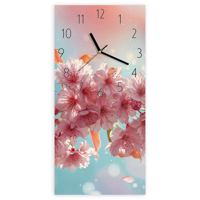 Wanduhr Kirschblüte Himmel aus Glas – Hochformat 30 × 60 cm mit Ziffernblatt Elegant