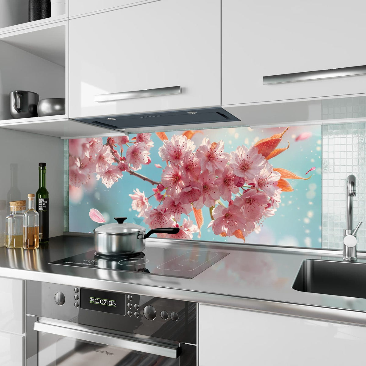 Küchenrückwand aus Glas Kirschblüten in Blau im Hochformat als Spritzschutz hinter dem Kochfeld, über dem Fliesenspiegel montiert