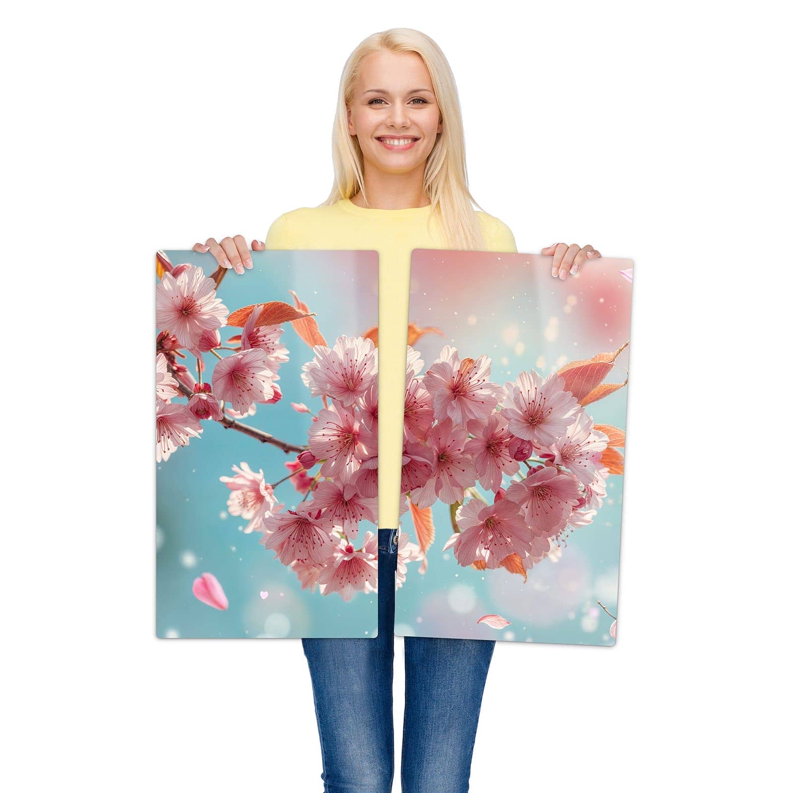 2-teilige Herdabdeckplatte mit Kirschblüte Himmel-Motiv wird zur Größendarstellung gehalten