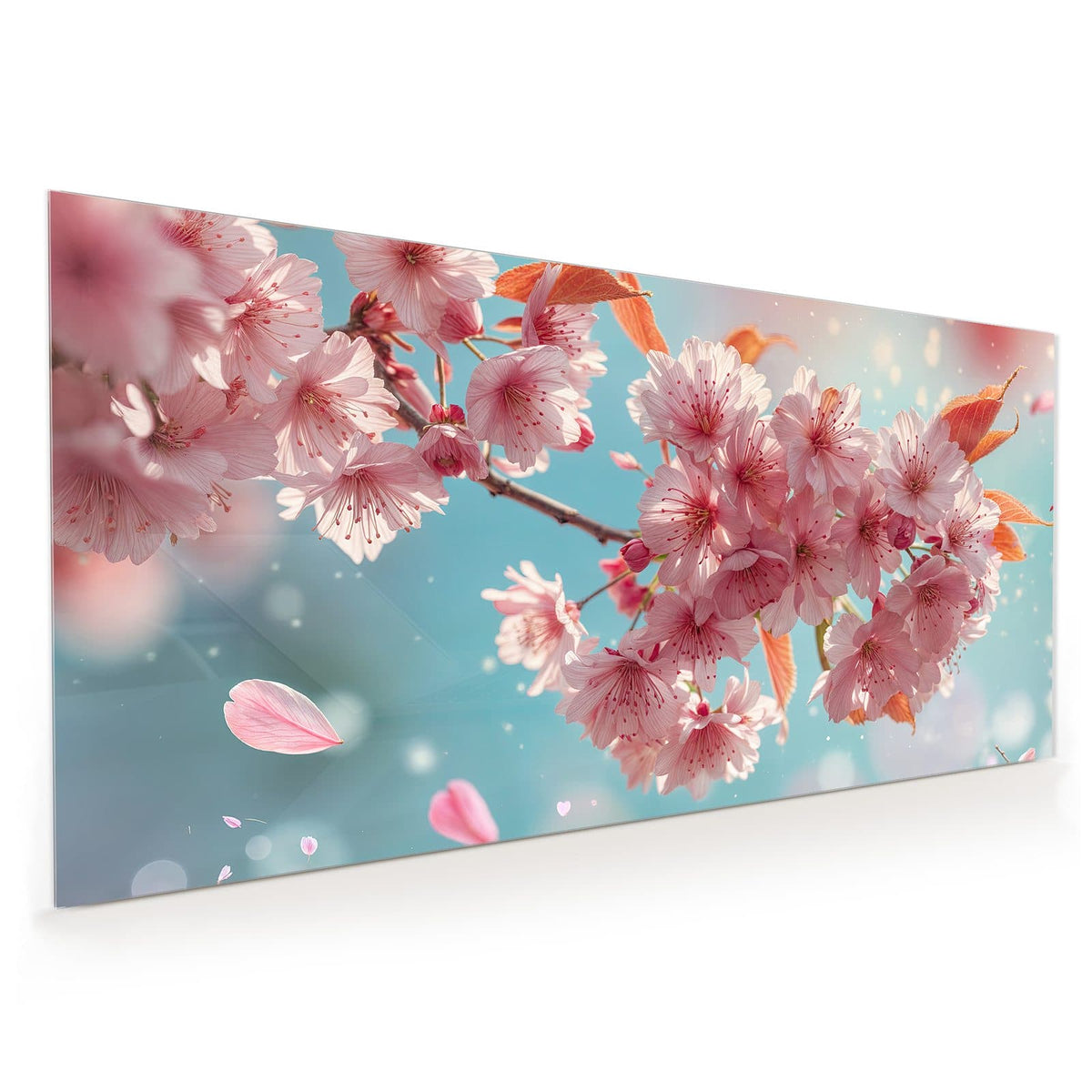 Küchenrückwand aus Glas im Hochformat mit Motiv Kirschblüten in Blau: Rosa Kirschblüten vor hellblau-türkisem Bokeh mit orangen Blättern