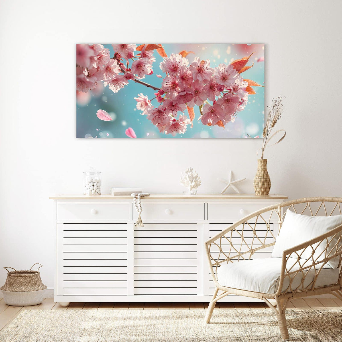 Echtglas, 4 mm – kein Acryl, keine Folie – Wandbild - Kirschblüten in Blau - Querformat