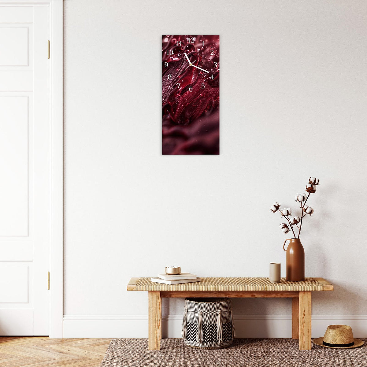 Moderne Wanduhr aus Glas mit Farbtiefe – Wanduhr Wirbelnde Flüssigkeit aus Glas – Hochformat 30 × 60 cm