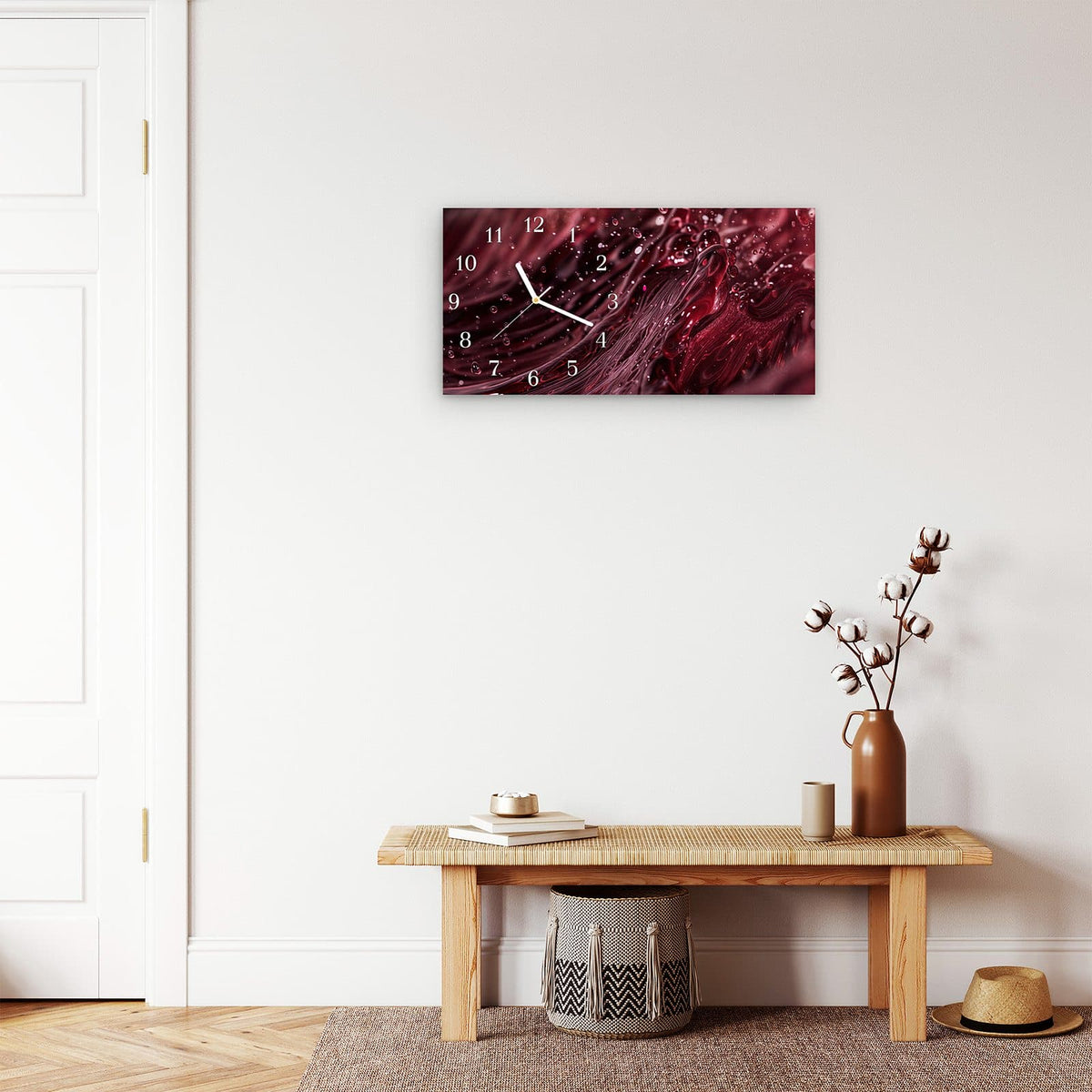 Moderne Wanduhr aus Glas mit Farbtiefe – Wanduhr Wirbelnde Flüssigkeit aus Glas – Querformat 60 × 30 cm