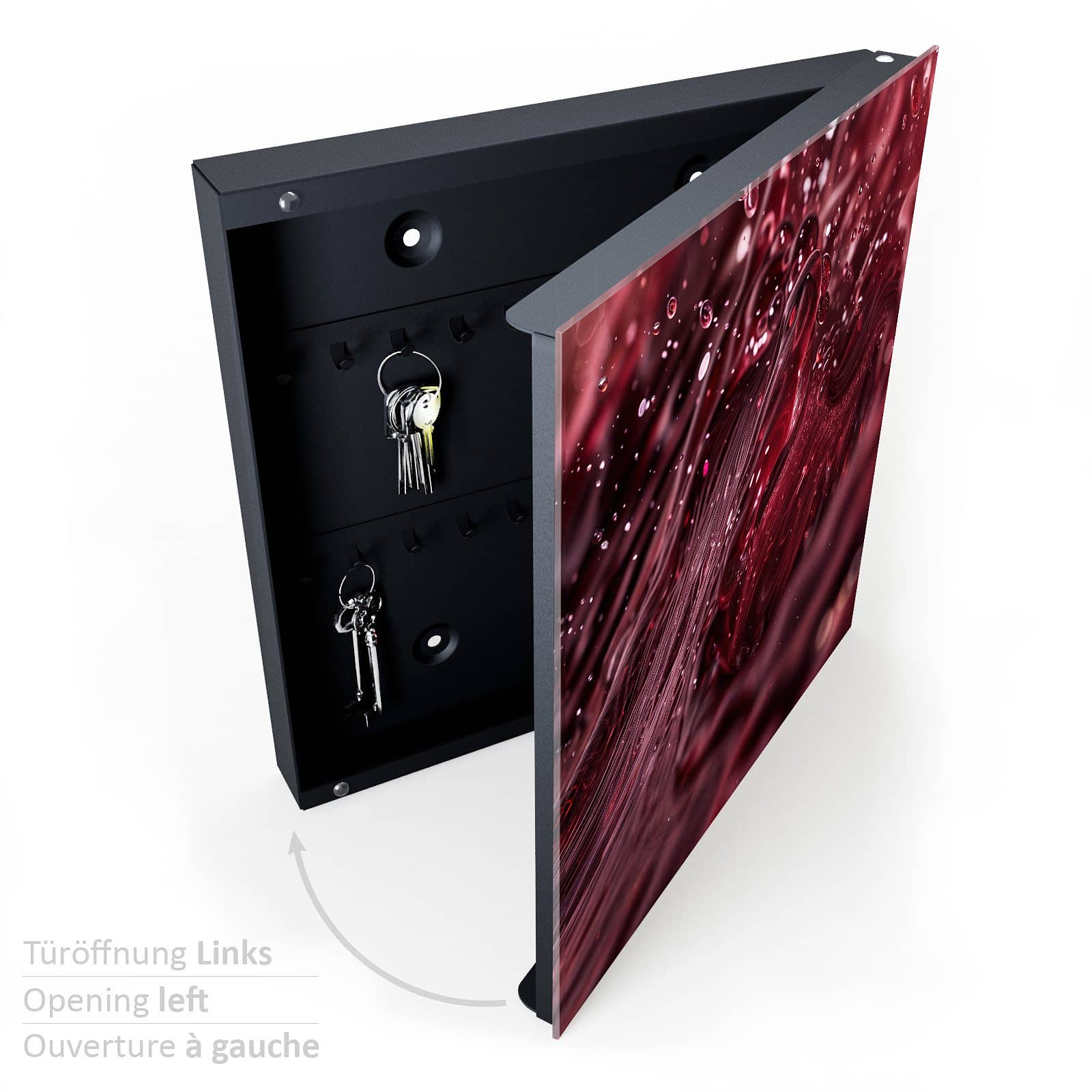 Schlüsselkasten mit Absenkautomatik mit Motiv Wirbelnde Flüssigkeit halboffen mit Schlüsseln