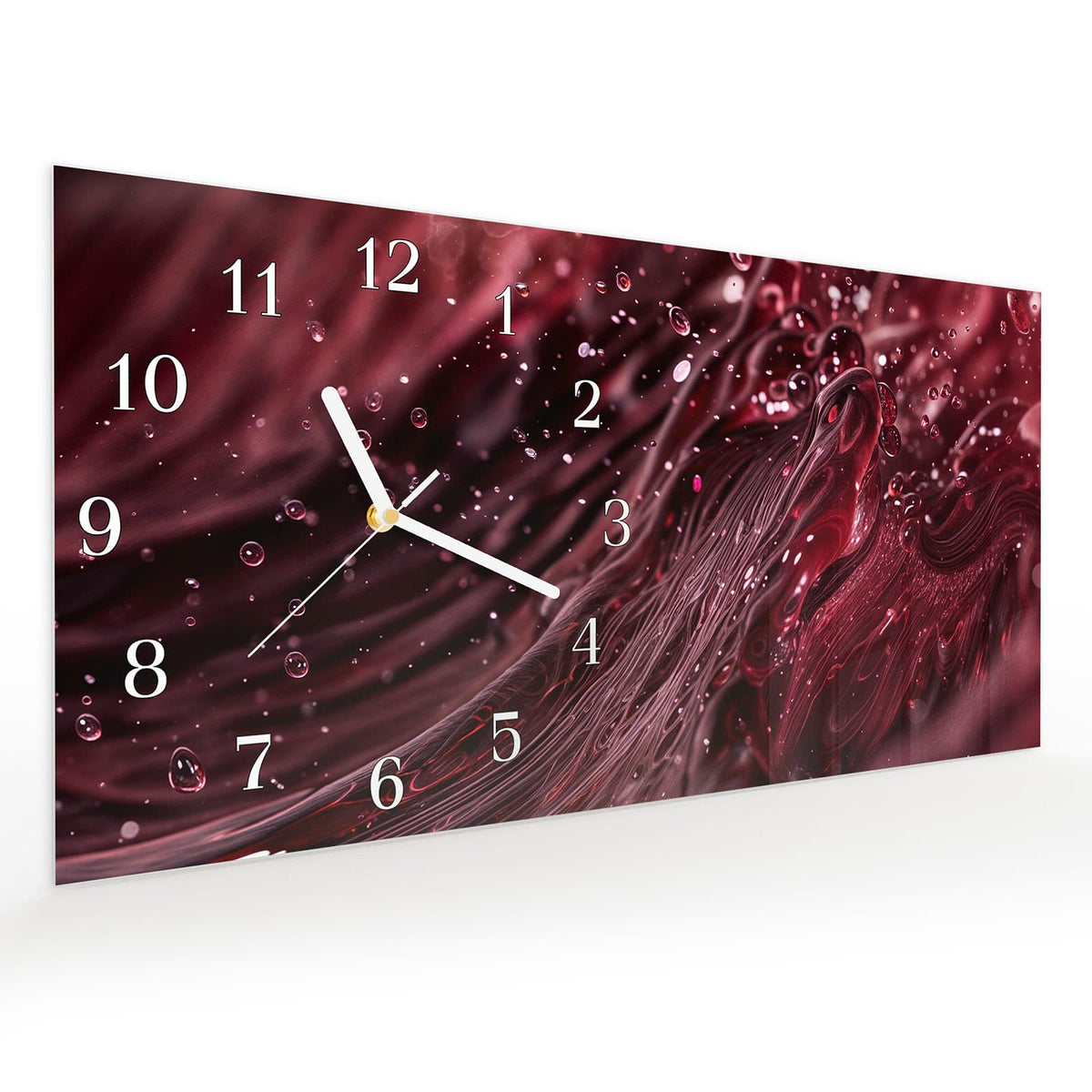 Vormontiert – mit Schwebeeffekt – Wanduhr Wirbelnde Flüssigkeit aus Glas – Querformat 60 × 30 cm