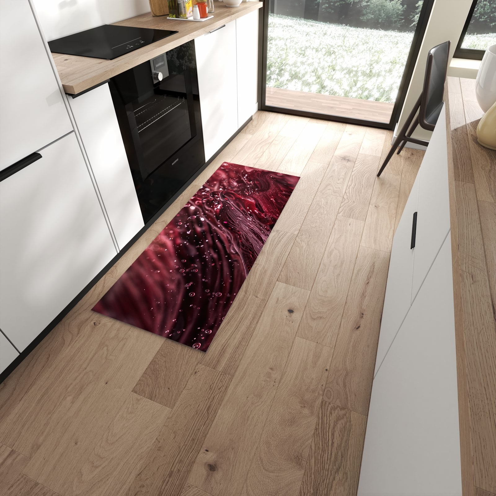 Komfortabler Küchenteppich mit Motiv Wirbelnde Flüssigkeit in moderner Küche - abwaschbar #grösse_60 x 150 cm