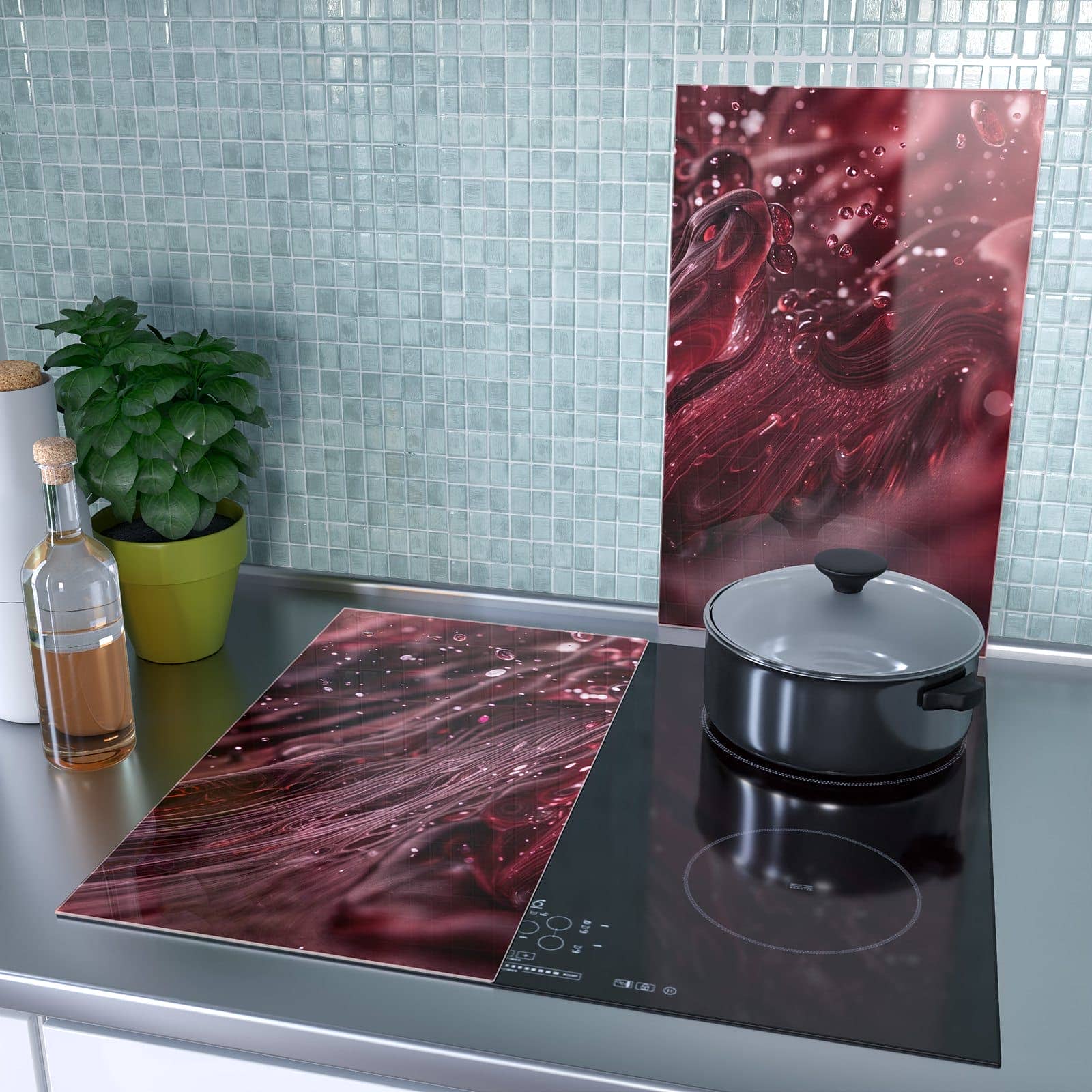 2-teilige Herdabdeckplatten für Ceranfeld mit Wirbelnde Flüssigkeit-Motiv als Spritzschutz hinter dem Kochfeld