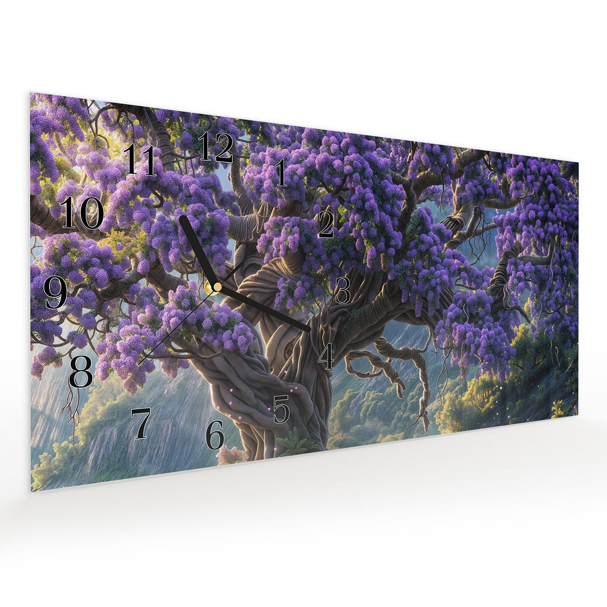 Vormontiert – mit Schwebeeffekt – Wanduhr Magischer Baum aus Glas – Querformat 60 × 30 cm