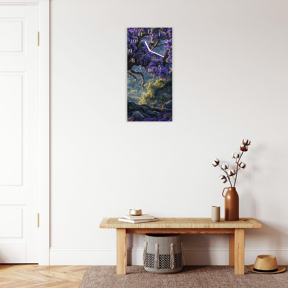 Moderne Wanduhr aus Glas mit Farbtiefe – Wanduhr Magischer Baum aus Glas – Hochformat 30 × 60 cm