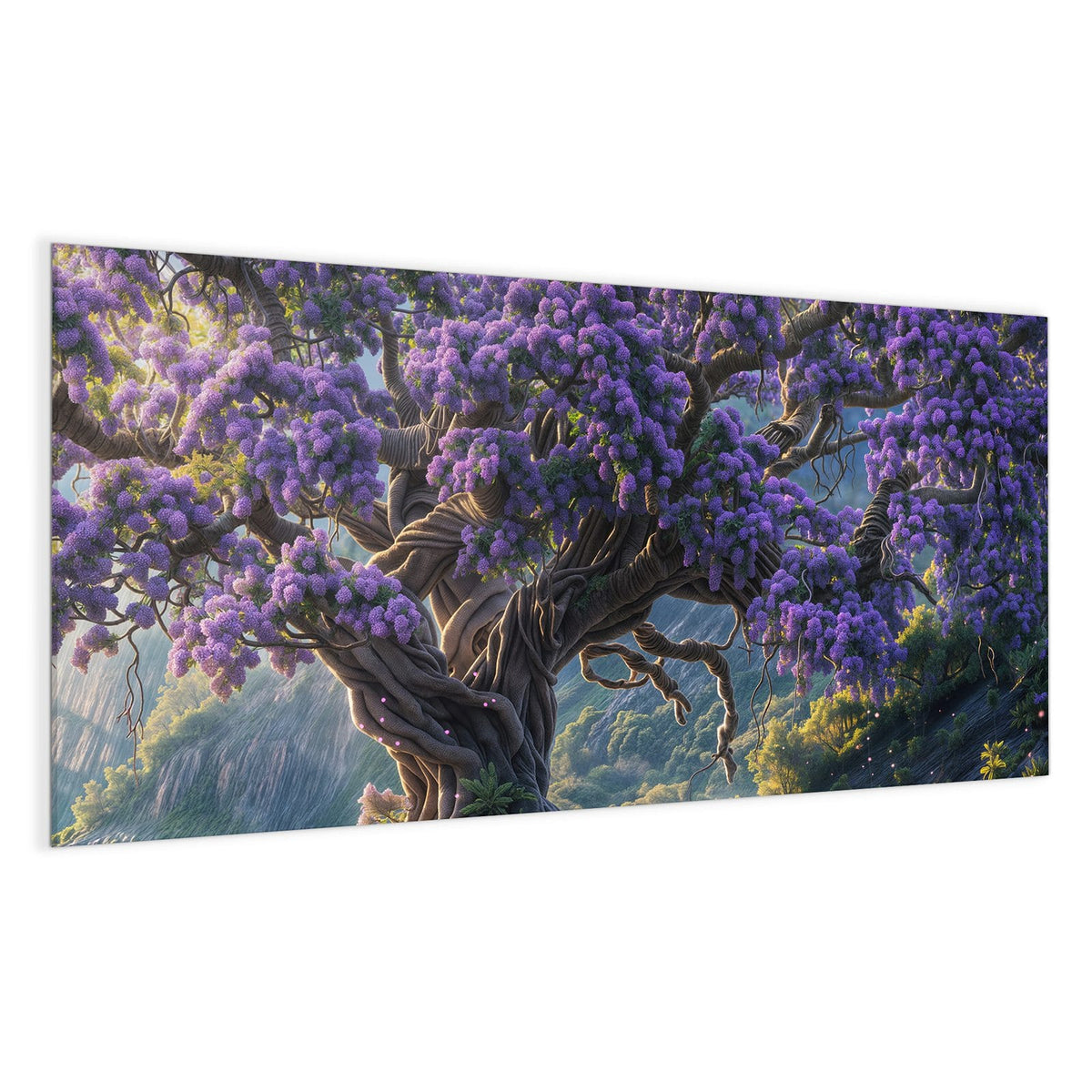 Fantasy-Illustration: knorriger Baum voller lilafarbener Blütentrauben über einem grünen Tal, lila Blüten am Boden.