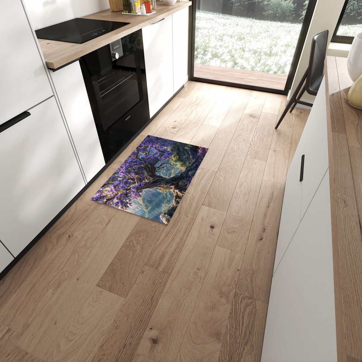 Waschbarer Küchenteppich mit Motiv Magischer Baum in moderner Küche