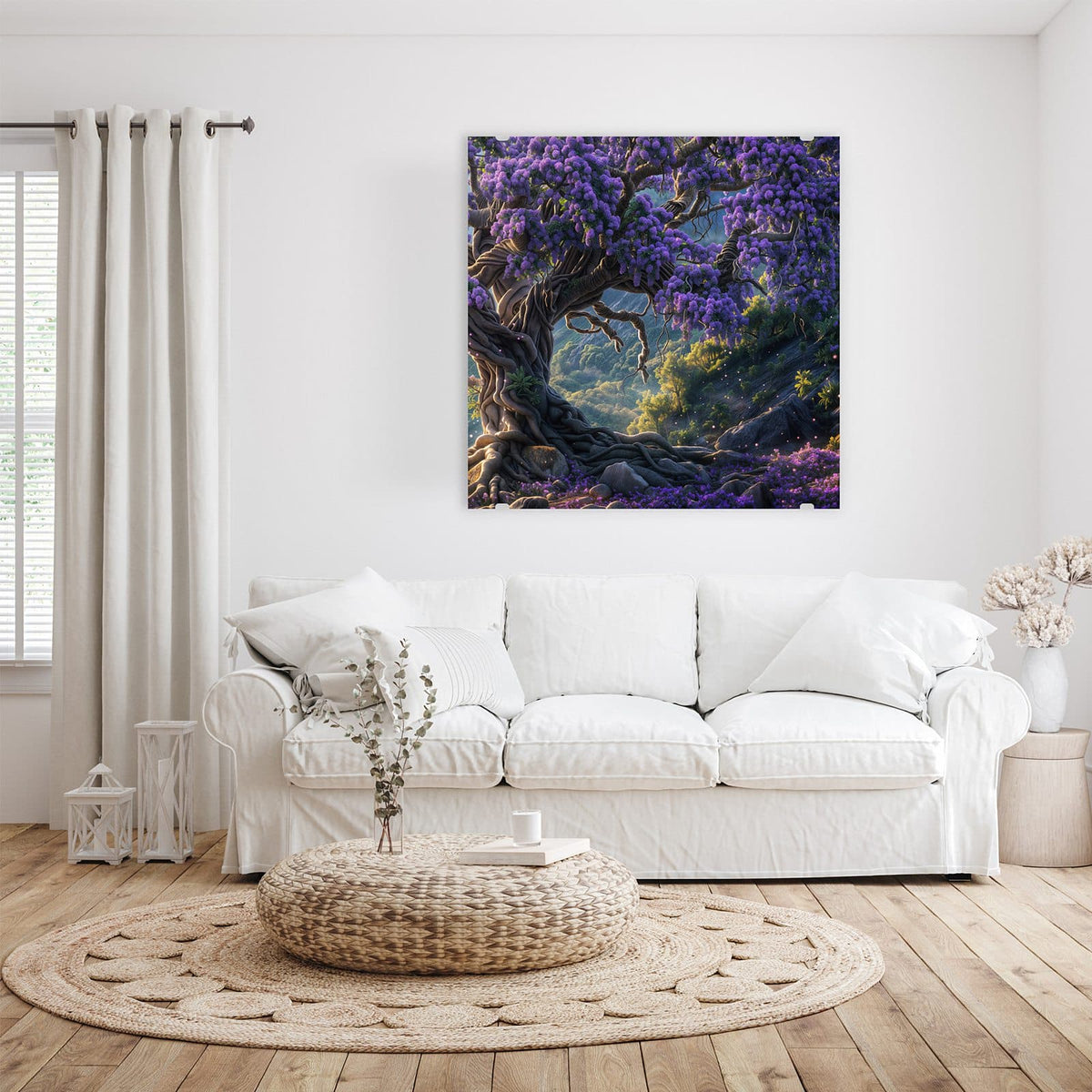 Glasbild Baum in Fliederblüte an der Wand – Fantasy-Illustration: knorriger Baum voller lilafarbener Blütentrauben über einem grünen Tal, lila Blüten am Boden.