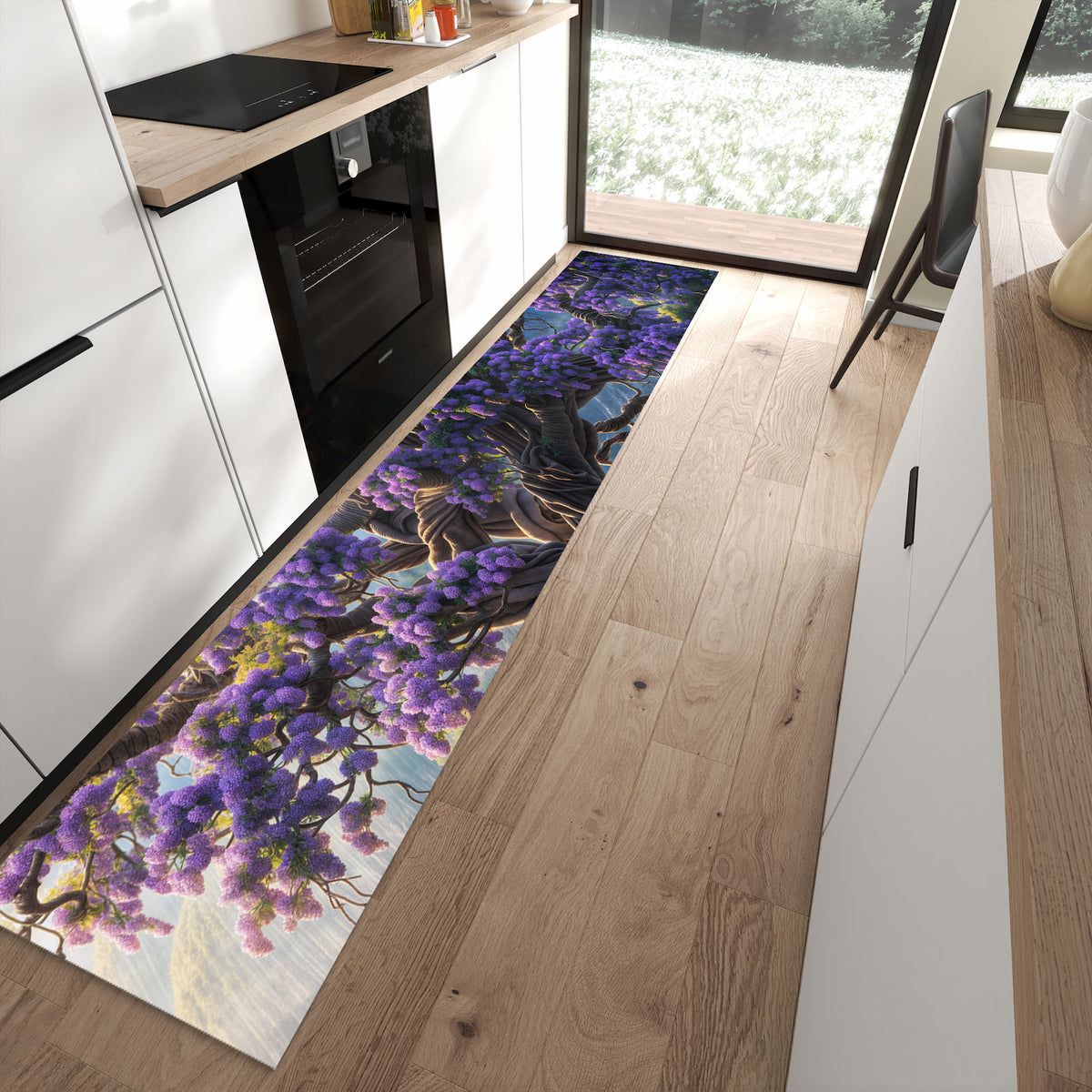 Rutschfester Küchenteppich mit Motiv Magischer Baum in moderner Küche