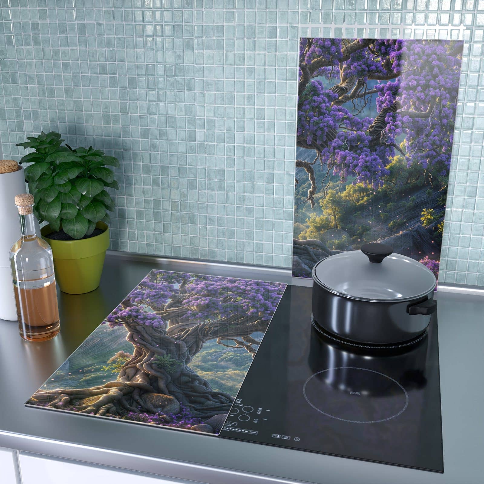 2-teilige Herdabdeckplatte aus Glas mit Magischer Baum-Motiv als Spritzschutz hinter dem Kochfeld