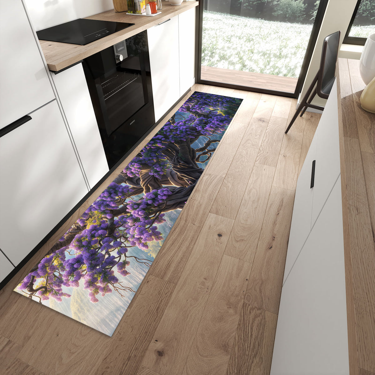 Flacher Küchenläufer mit Motiv Magischer Baum in moderner Küche