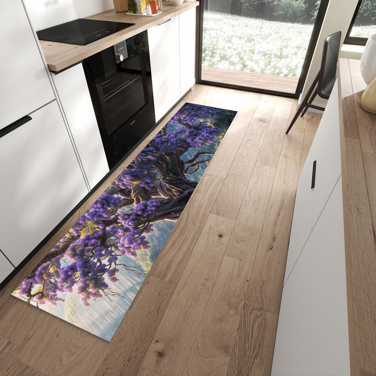 Langlebiger Küchenläufer mit Motiv Magischer Baum in moderner Küche