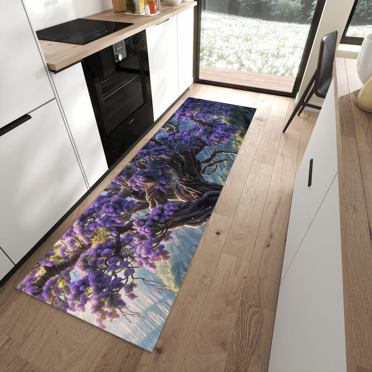Hygienischer rutschfester Küchenteppich mit Motiv Magischer Baum in moderner Küche