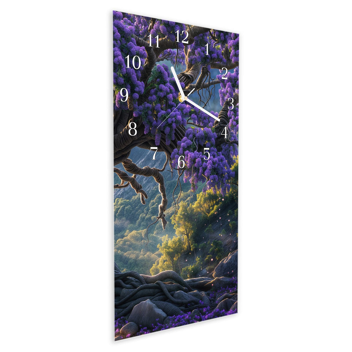 Vormontiert – mit Schwebeeffekt – Wanduhr Magischer Baum aus Glas – Hochformat 30 × 60 cm