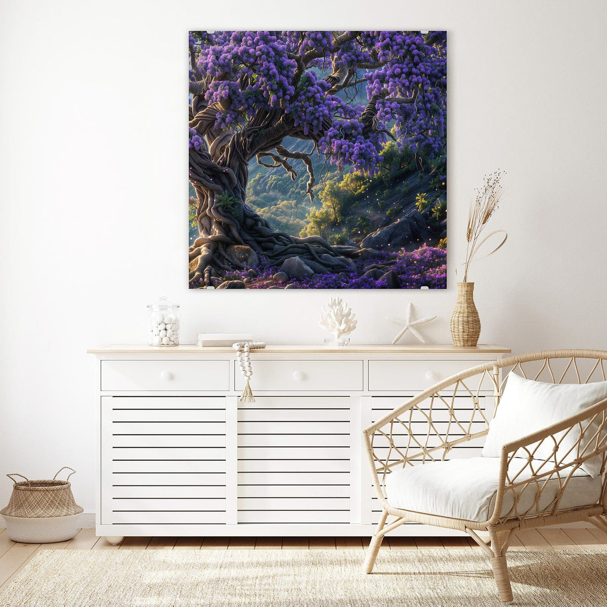 Echtglas, 4 mm – kein Acryl, keine Folie – Wandbild - Baum in Fliederblüte - Quadratisch