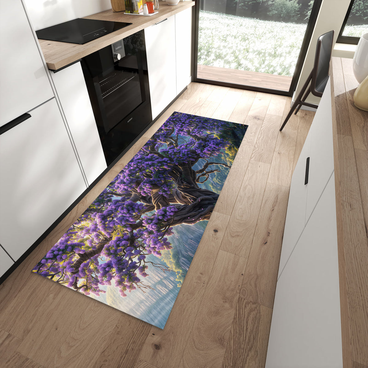Komfortabler Küchenteppich mit Motiv Magischer Baum in moderner Küche