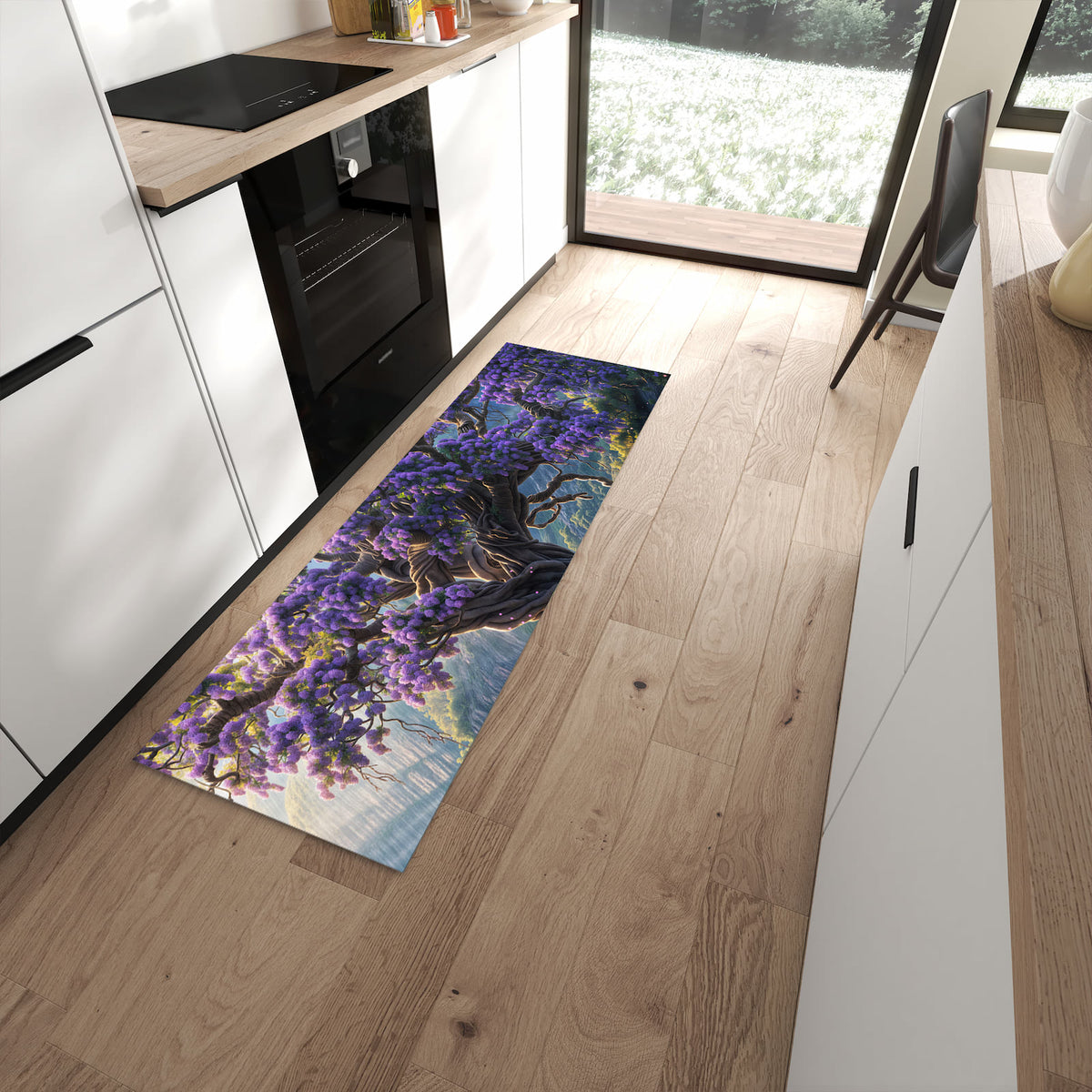 Geruchsneutraler Teppich in Küche mit Motiv Magischer Baum in moderner Küche