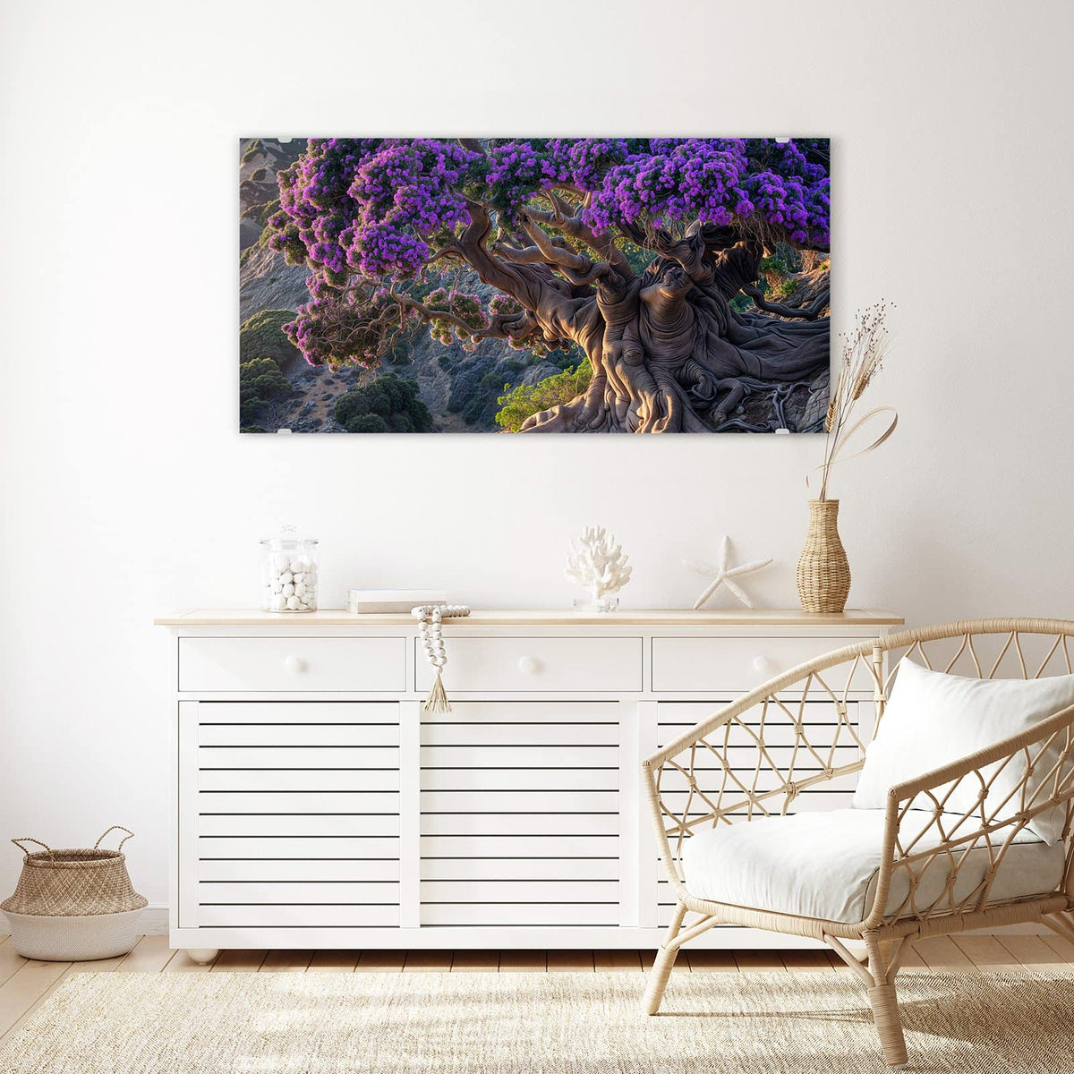 Echtglas, 4 mm – kein Acryl, keine Folie – Wandbild - Baum mit lila Blüten - Querformat