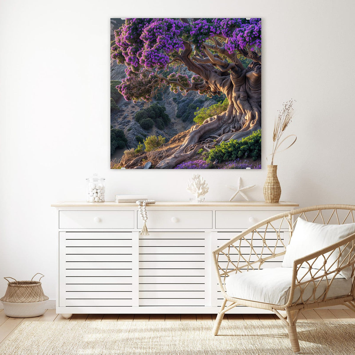 Echtglas, 4 mm – kein Acryl, keine Folie – Wandbild - Baum mit lila Blüten - Quadratisch