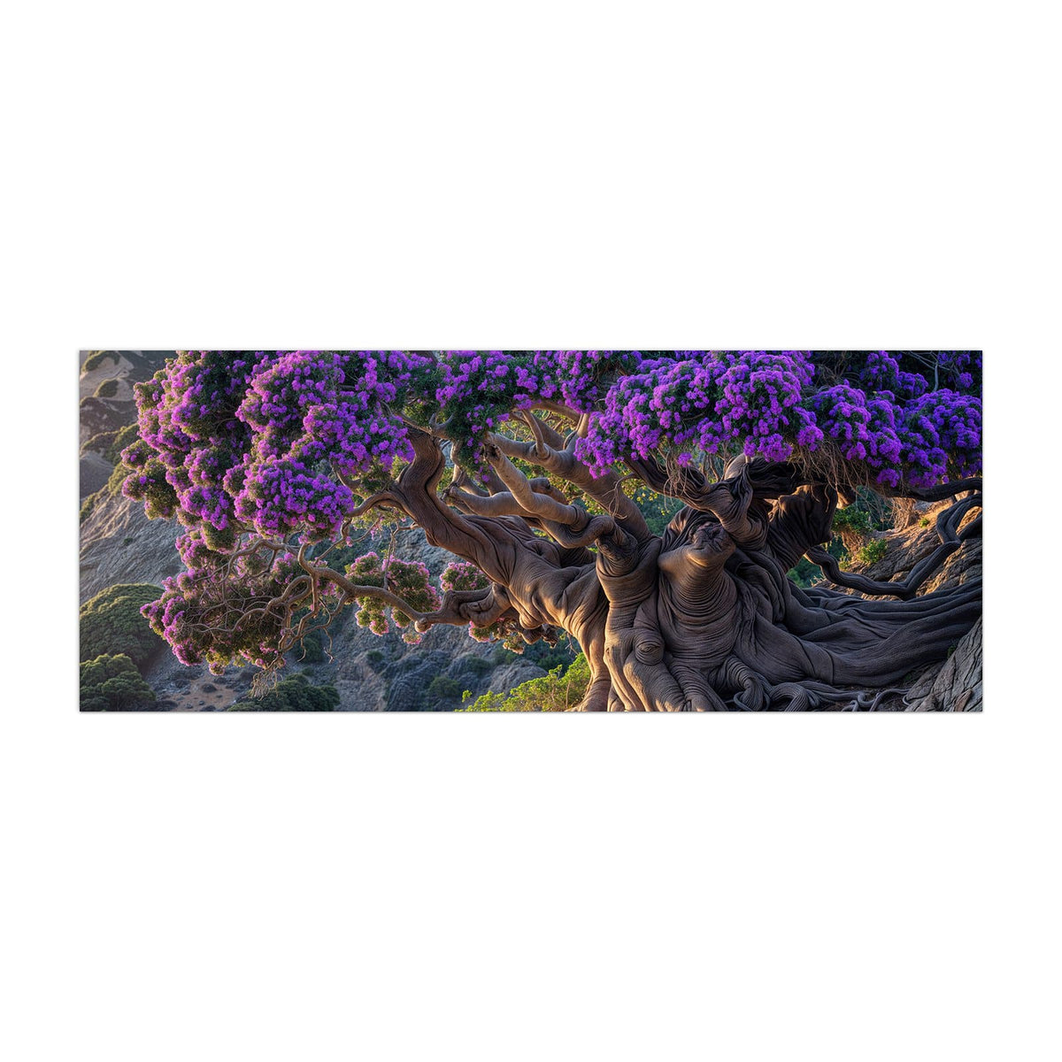Küchenrückwand aus Glas Baum mit lila Blüten im Hochformat, Motiv bildfüllend von vorn