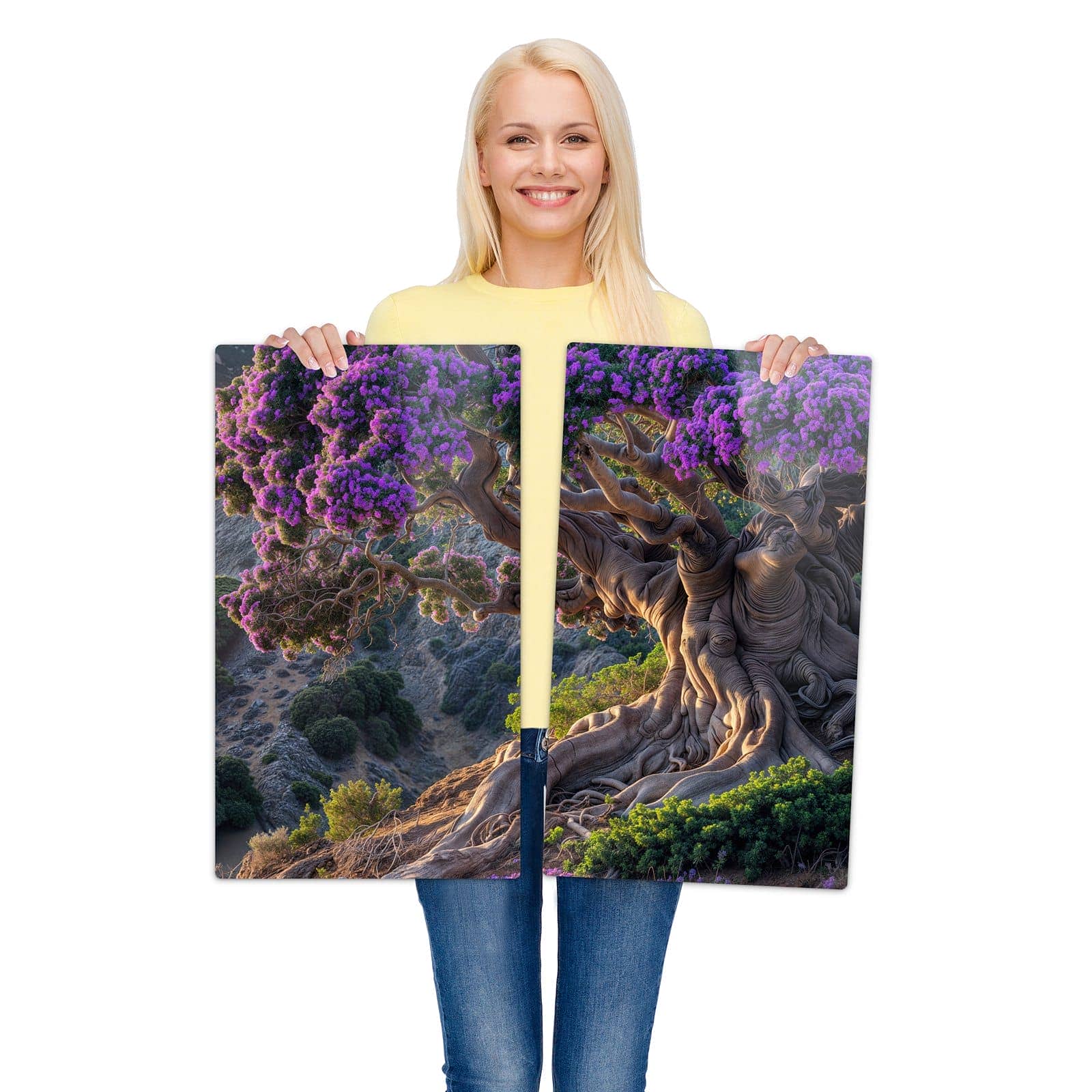 2-teilige Herdabdeckplatten aus Glas mit Alter Weiser Baum-Motiv wird zur Größendarstellung gehalten