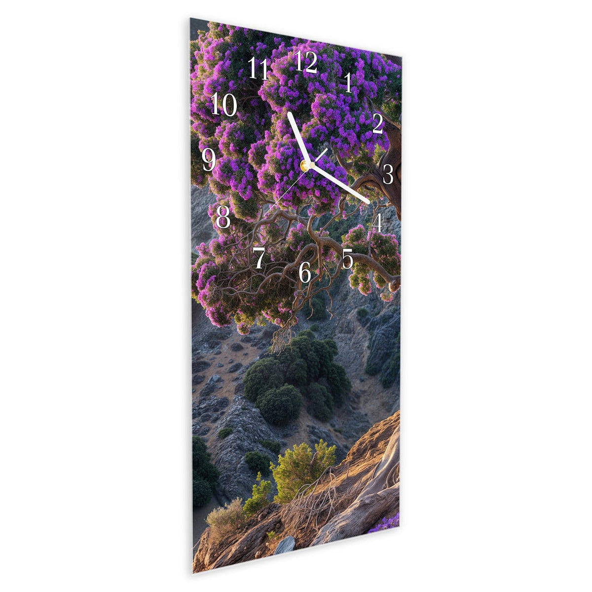 Vormontiert – mit Schwebeeffekt – Wanduhr Alter Weiser Baum aus Glas – Hochformat 30 × 60 cm